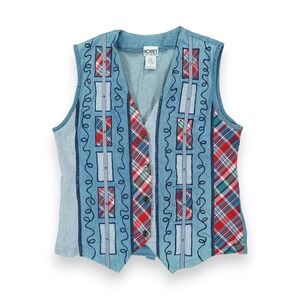 Vintage Koret City Blues Patchwork Denim Button Down Vest Size Small Sleeveless